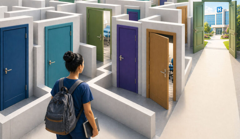 student looking at doors